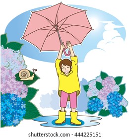 Rain stopped.Elementary school girl are in high spirits and swing up the umbrella.