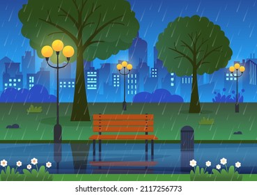 Rain Storm Background Vector Illustration at Rainy Weather with Scenery Cityscape or Park and Empty Public Place with Puddle for Banner or Poster