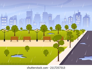 Rain Storm Background Vector Illustration at Rainy Weather with Scenery Cityscape or Park and Empty Public Place with Puddle for Banner or Poster