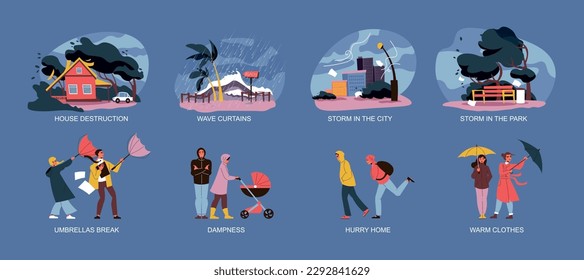 Rain storm flat composition set with people in waterproof clothers and natural disaster scenes isolated vector illustration