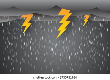 rain and storm with lightning thunder, Black sky weather, Natural disaster, vector design.