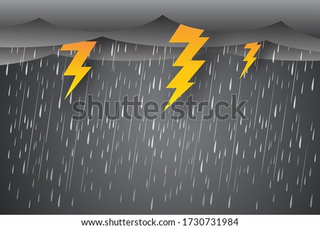 rain and storm with lightning thunder, Black sky weather, Natural disaster, vector design.