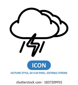 rain storm line style vector icon on white background. weather vector illustration. Editable Stroke. 64 x 64 pixels. Simple modern design.