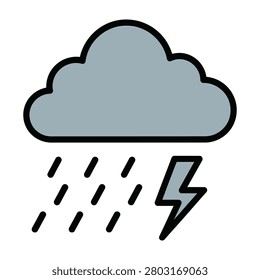 A rain storm weather icon featuring a dark cloud with raindrops and a lightning bolt, symbolizing severe weather conditions and atmospheric disturbance.