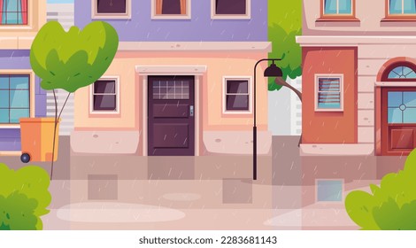 Rain street city rainy scene road cityscape concept. Vector graphic design illustration