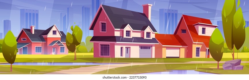 Rain at suburban district with cottage houses at cityscape view. Suburb street with countryside dwellings, puddles on green lawn, path and trees at wet rainy weather, Cartoon vector illustration