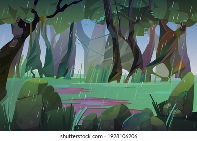 Rain in summer forest. Scene of jungle, garden or natural park at rainy weather. Vector cartoon landscape of woods glade with green grass, water puddles, trees, lianas and stones