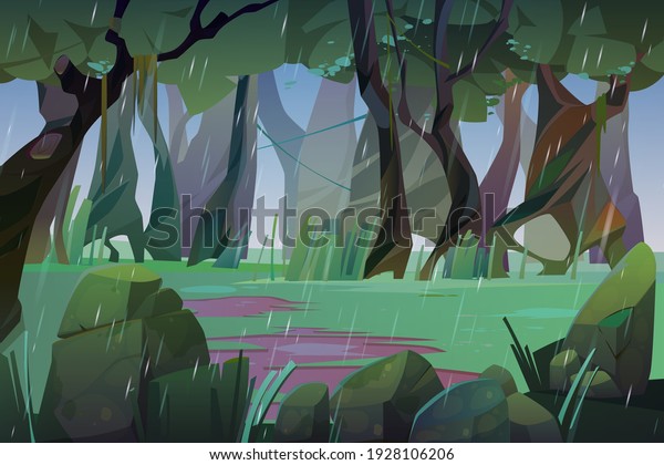 Rain in summer\
forest. Scene of jungle, garden or natural park at rainy weather.\
Vector cartoon landscape of woods glade with green grass, water\
puddles, trees, lianas and\
stones