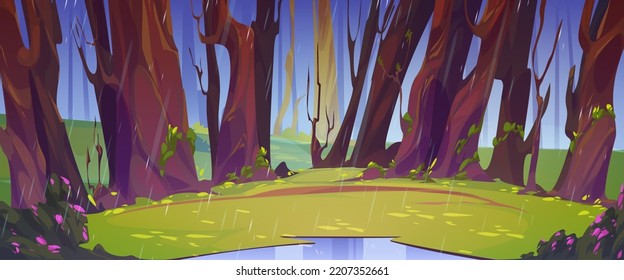 Lluvia en el bosque de verano, paisaje natural silvestre. Fondo de caricatura de madera, campo con charco, arbustos florecientes y hierba verde bajo troncos de árboles y ducha de agua cayendo del cielo, ilustración vectorial