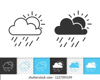 Rain and sun black linear and silhouette icons. Thin line sign of weather. Forecast outline pictogram isolated on white, transparent background. Vector Icon shape. Sunshower simple symbol closeup