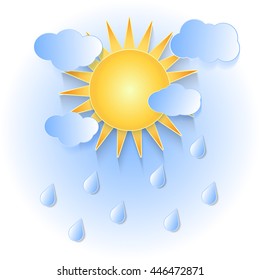 Rain with sun and clouds in paper cut style. Vector illustration.