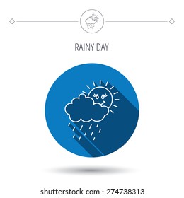Rain and sun icon. Water drops and cloud sign. Rainy overcast day symbol. Blue flat circle button. Linear icon with shadow. Vector