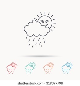 Rain and sun icon. Water drops and cloud sign. Rainy overcast day symbol. Linear icons on white background. Vector