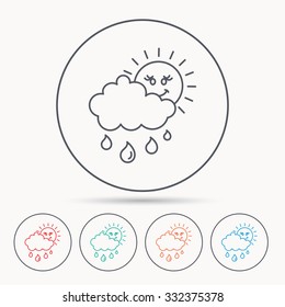 Rain and sun icon. Water drops and cloud sign. Rainy overcast day symbol. Linear circle icons.