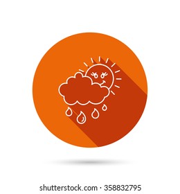 Rain and sun icon. Water drops and cloud sign. Rainy overcast day symbol. Round orange web button with shadow.