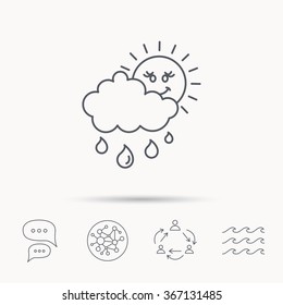 Rain and sun icon. Water drops and cloud sign. Rainy overcast day symbol. Global connect network, ocean wave and chat dialog icons. Teamwork symbol.