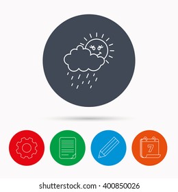 Rain and sun icon. Water drops and cloud sign. Rainy overcast day symbol. Calendar, cogwheel, document file and pencil icons.