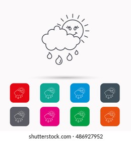 Rain and sun icon. Water drops with cloud sign.