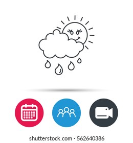 Rain and sun icon. Water drops and cloud sign. Rainy overcast day symbol. Group of people, video cam and calendar icons. Vector