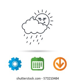 Rain and sun icon. Water drops and cloud sign. Rainy overcast day symbol. Calendar, cogwheel and download arrow signs. Colored flat web icons. Vector