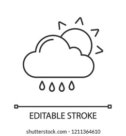 Rain with sun linear icon. Sunny and rainy weather. Thin line illustration. Light rain. Cloud, sun and raindrops. Weather forecast. Contour symbol. Vector isolated outline drawing. Editable stroke