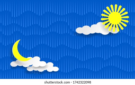 Rain, sun, moon and clouds on the blue sky. Layered Paper art style. EPS10