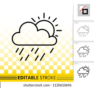 Rain and Sun thin line icon. Outline sign of weather. Forecast linear pictogram with different stroke width. Simple vector symbol, transparent background. Sun shower editable stroke icon without fill