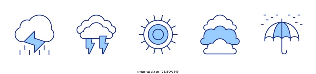 rain, sun, umbrella, thunder, cloudy. Weather forecast Icon vector illustration. Line Duotone style. Editable stroke.