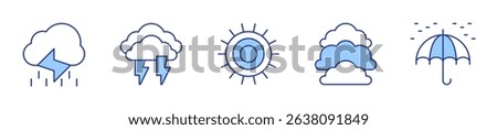 rain, sun, umbrella, thunder, cloudy. Weather forecast Icon vector illustration. Line Duotone style. Editable stroke.