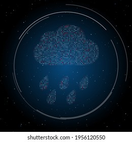The rain symbol filled with white dots. Pointillism style. Some dots is red. Vector illustration on blue background with stars