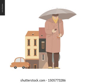 Rain - synding man -modern flat vector concept illustration of senior man wearing a coat and hat, using a phone standing with an umbrella under the rain in the street, in front of city houses and cars