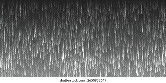 Rain texture overlay isolated on dark background. Vertical streaks simulate rainfall heavy storm, perfect for use in rain hail mockup or template as weather backdrop. Vector transparent realistic rain