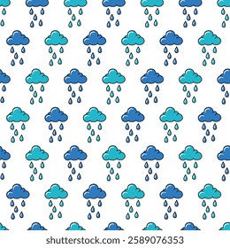Rain Themed Pattern with Clouds and Raindrops. Perfect for designs related to rain, weather, nature, kids' projects, fabrics, wallpapers, and stationery.