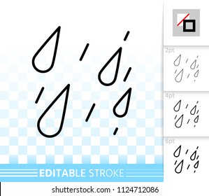 Rain thin line icon. Outline web sign of drop. Weather linear pictogram with different stroke width. Simple vector symbol, transparent background. Rain drops editable stroke icon without fill