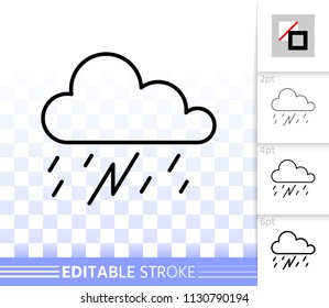 Rain thin line icon. Outline sign of thunder. Cloud linear pictogram with different stroke width. Simple vector symbol, transparent background. Rainy storm lightning editable stroke icon without fill