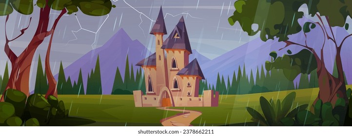 Rain and thunder in forest castle landscape cartoon vector scene. Fairytale background with lightning and palace in medieval kingdom. Fantasy mansion on meadow with green grass rainy environment.