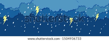 Rain thunder lightning and clouds in the paper cut style. Vector storm weather concept with falling water drops from the cloudy sky and flash. Storm papercut background horizontal banner.