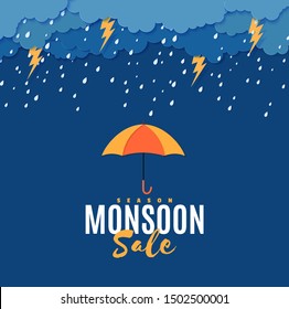 Rain thunder lightning umbrella and clouds in the paper cut style. Vector storm weather concept with falling water drops from the cloudy sky and flash. Monsoon sale storm horizontal banner.