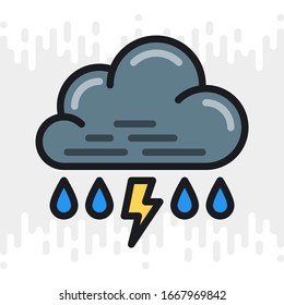 Rain with thunder or thunderstorm icon for weather forecast application or widget. Cloud with raindrops and lightning bolt. Color version on light gray background