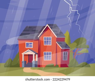 Rain and thundering. Bad weather, catastrophe and storm. Rural landscape and real estate, private house. Poster or banner for website. Anomaly and lightning. Cartoon flat vector illustration