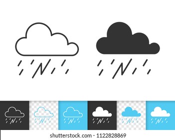 Rain thunderstorm black linear and silhouette icons. Thin line sign of thunder. Cloud outline pictogram isolated on white, color, transparent background. Vector Icon shape. Rain simple symbol closeup