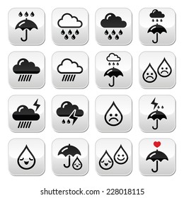 Rain, thunderstorm, heavy clouds  vector buttons set 