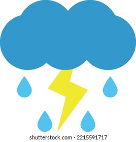 Rain with thunderstorm, vector. Cloud and raindrops in blue, yellow lightning on a white background.