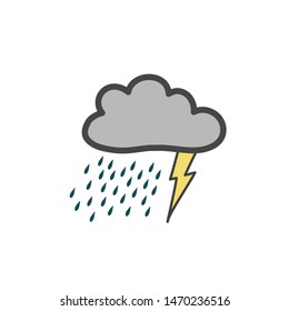 Rain with thunderstorms and lightning. Symbol of the weather. Color Vector hand drawn illustration of doodle style.