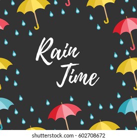 Rain time vector illustration with seamless pattern of umbrellas and rain drops.