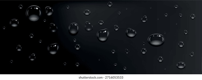 Lluvia gotas transparentes sobre fondo negro. Gotas de condensación húmedas realistas con reflejo de luz en la superficie oscura de la ventana,. Gotas de agua en la superficie. Textura líquida de gotas de agua.