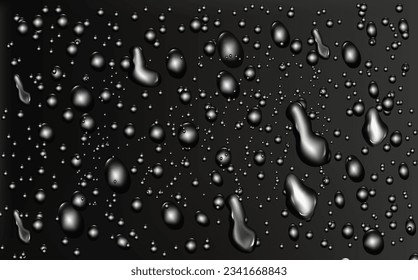 Las gotas transparentes de lluvia fluyen por el vidrio negro. Textura de condensación húmeda realista. Efecto de salpicadura de agua dulce en la superficie.Formas de gota de esparcido líquido.