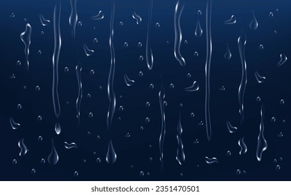 Rain transparent drops flow down the glass.Realistic wet condensation texture.Fresh water splash effect on the surface.Liquid spreading droplet shapes.