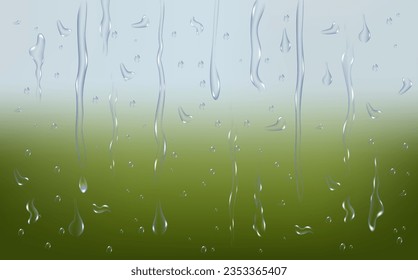 Rain transparent drops flow down the glass.Realistic wet condensation texture.Fresh water splash effect on the surface.Liquid spreading droplet shapes.