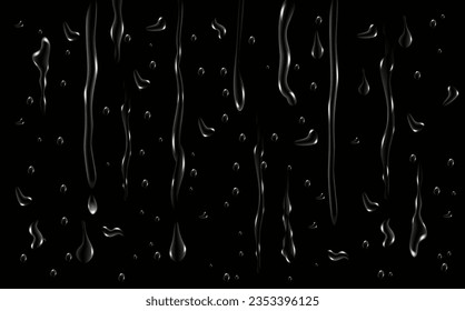 Las gotas transparentes de lluvia fluyen por el vidrio. Textura de condensación húmeda realista. Efecto de salpicadura de agua dulce en la superficie.Formas de gota de esparcido líquido.